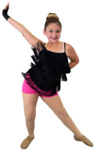 A dancer in jazz dance class strikes a pose while rehearsing for her upcoming performance.