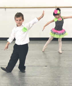 Dancers practice their ballet routine in a dance class for kids.